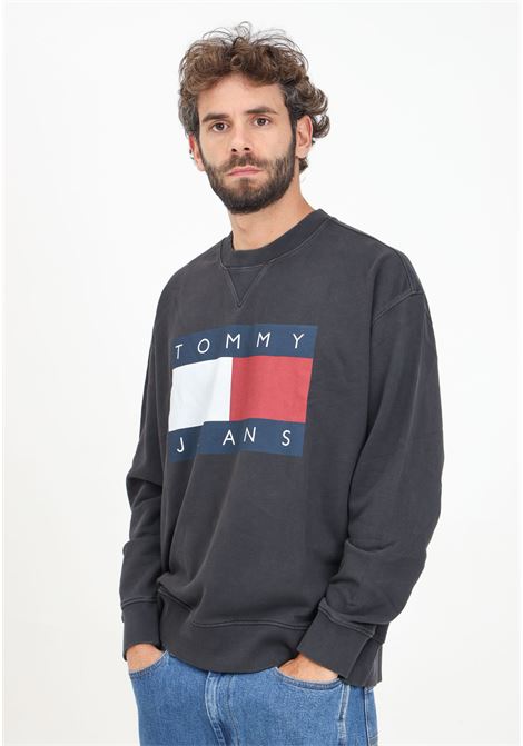 Black crewneck sweatshirt for men with flag print TOMMY JEANS | DM0DM19222BDSBDS